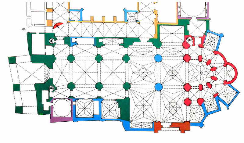 ESQUEMA DE LA PLANTA DEL TEMPLO. EN ROJO: ESTRUCTURAS ROMÁNICAS